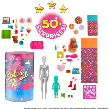 Barbie Color Reveal Mega Sorprese 50 Sorprese, 2 Bambole, 3 Animaletti E 36 Accessori A Tema Pigiama Party